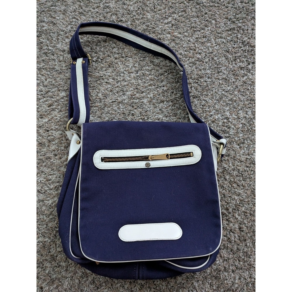 Vintage John Romain‎ Purse Shoulder Bag Blue Canvas White Leather Trim